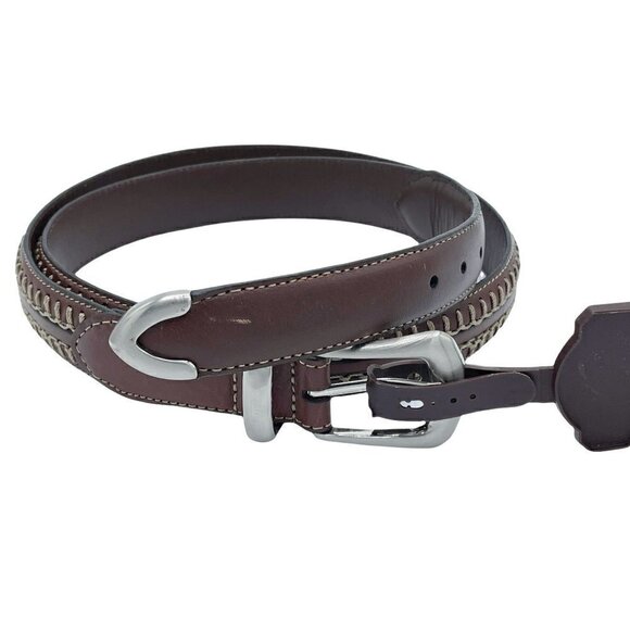 NWT Fossil Brown Leather Topstitched Waist Belt Silver Buckle Men's Size 42 - Picture 1 of 8